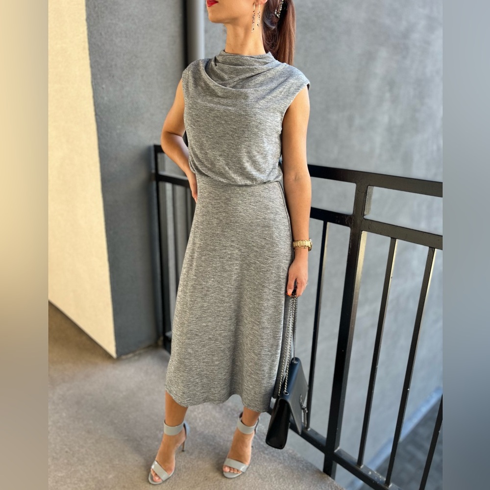 Ann Taylor gray midi sleeveless high cowl neck dress
